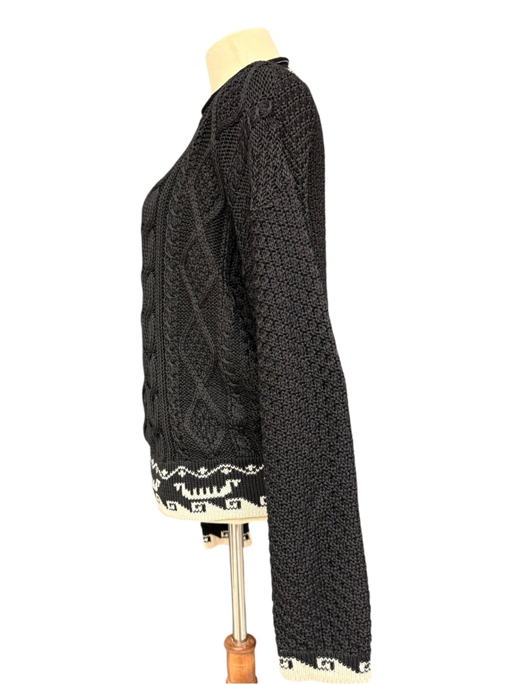 Vintage British Passages Black Cable Knit Sweater Fair Isle Trim Medium - Picture 5 of 12